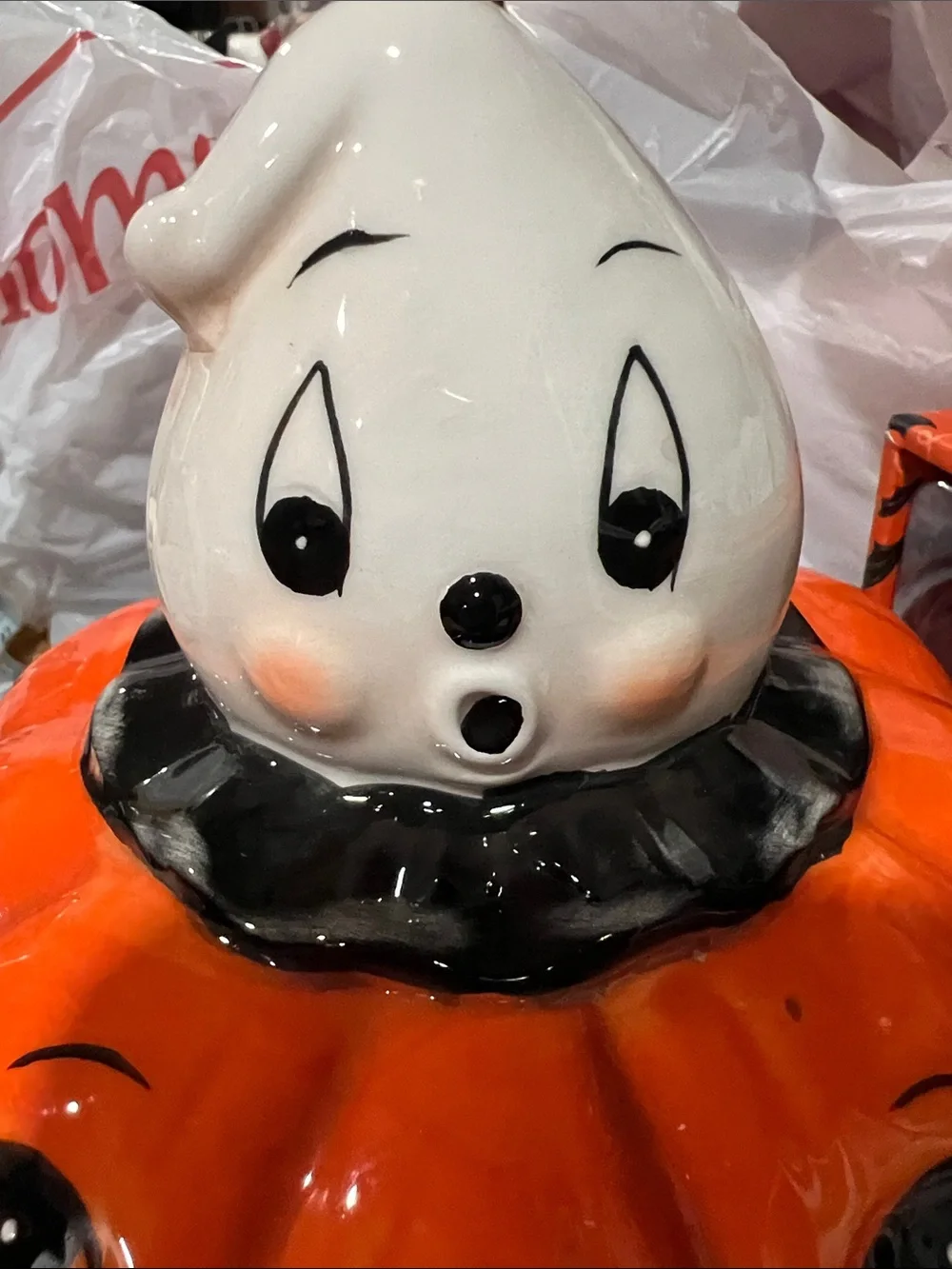 Johanna Parker Ceramic Pumpkin with Gus on top - Bright Orange & White